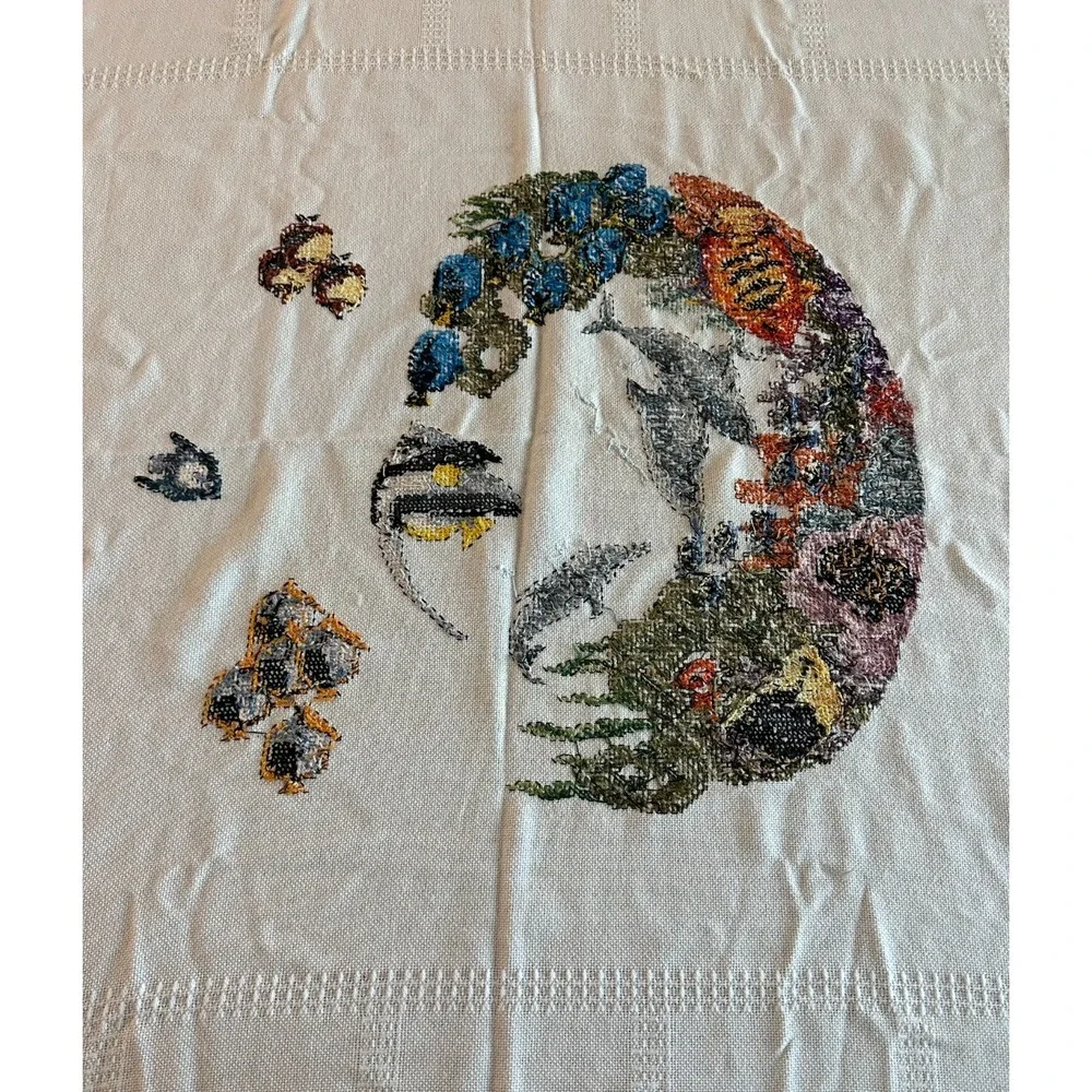 Vintage Embroidered Fish & Ocean‎ Scene Fringe Tablecloth 56'' x 62